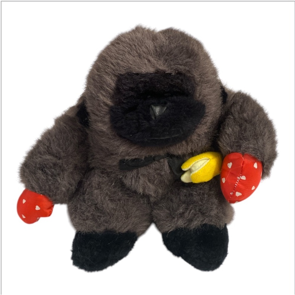 Vintage Plush Gorilla Stuffed Animal, red mittens featuring white hearts.